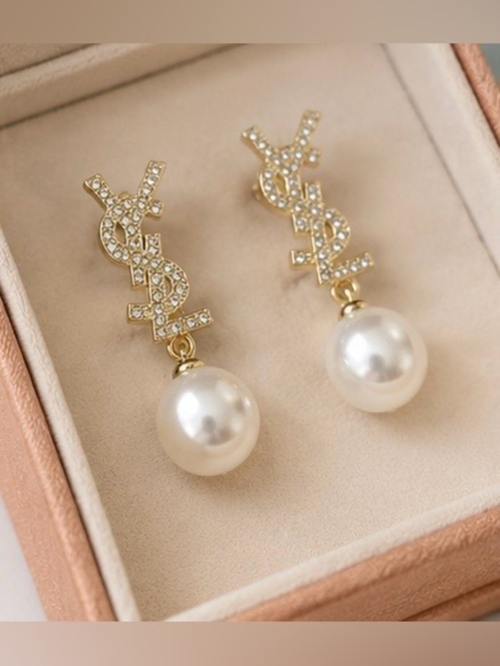 Gold-Tone Faux Pearl & Crystal Drop Earrings – Elegant Statement Dangle Earrings